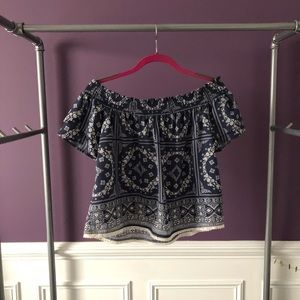 Paisley blue & white off the shoulder top